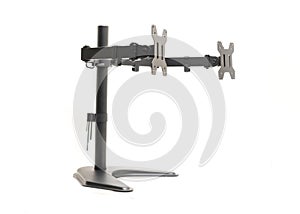 Side view modern dual monitor desk mount stand isolated on white background