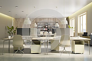 Side view of modern empty office interior with concrete floor, wooden wall and desks with computers, windows with city view and