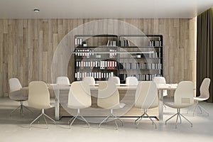 Side view of modern empty office interior with concrete floor, wooden wall and large meeting desk and furniture. Business