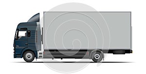 Side view of a modern large grey cargo truck with copy space isolated on a white background