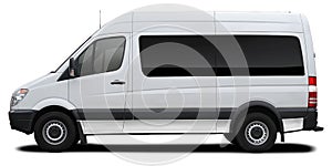 Side view of a modern passenger American minibus in white.