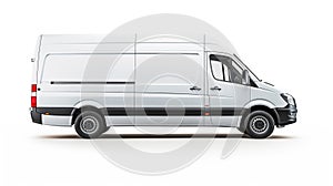 Side view of a modern white delivery van, positioned against an isolated background, representing transportation and