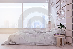 Side view of modern wooden bedroom interior with mock up place, decorative items and windows with bright city view. Design concept