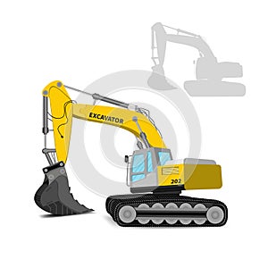 Side view modern yellow powerful excavator for building isolated on white background. vector illustration