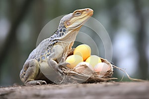 side view of monitor lizard pouncing on a nest of eggs