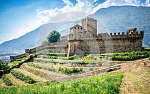 Side view of Montebello castle building and wall in Bellinzona Switzerland