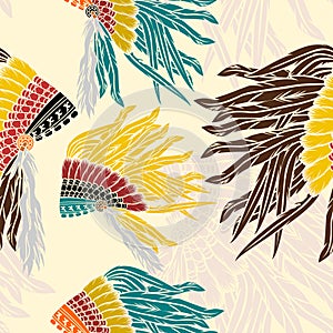 Side View Native American Headdress Vector Illustration Seamless Pattern