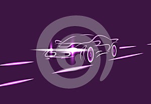 Side view of a neon glowing sports car silhouette on the highway. Abstract modern style. illustration