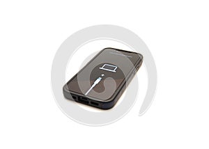 Side view new Apple iPhone mini 13 in protective case showing support .apple.com iphone restore issue error message isolated on