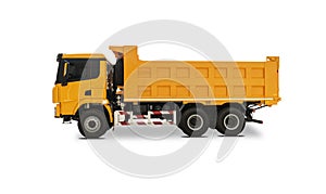 Side view of a new yellow dump truck isolated on a white background