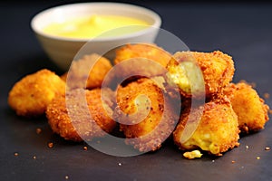 side view of nuggets with a dollop of mustard