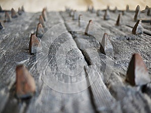 Side view of an old ancient medieval wooden door, close up selective focus at metal rusty iron spiked, concept image for