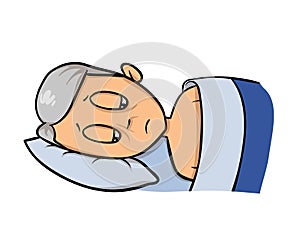 Side view of an old man lying in bed. Flat vector illustration. Isolated on white background.