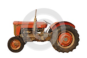 Side view old and rust red tractor on white background, object, construction, work, vintage, copy space