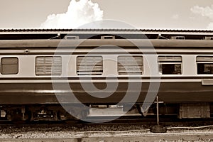 Side view of old vintage bogie of diesel electric locomotive train on railroad track, Take picture from the platform