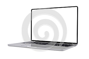 Side view of Open laptop computer. Modern thin edge slim design. Blank white screen display for mockup