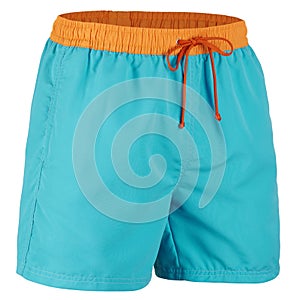 Side view of orange and blue men shorts for swimming