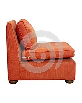 Side View of Orange Fabric Sofa Furniture with Pillow Isolated on White
