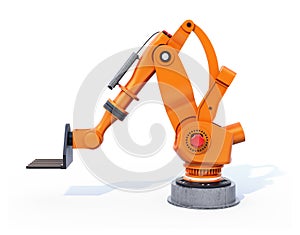 Side view of orange heavyweight robotic arm isolated on white background