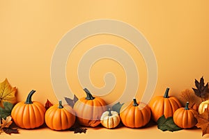 Side view on an orange pumpkins and autumn leaves on an orange Halloween or Thanksgiven copy space background