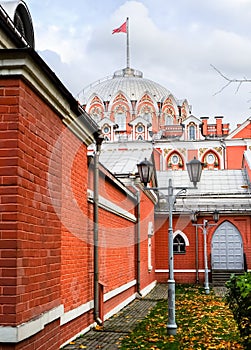 Side view of the Petroff Palace through the fortress wall, Moscow, Russia.