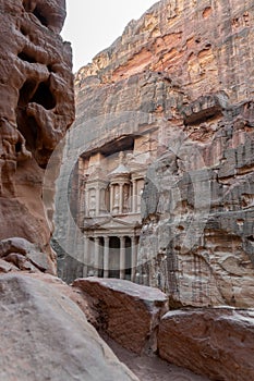 Side view photograph of the facade of the Treasury Building at Petra, Jordan