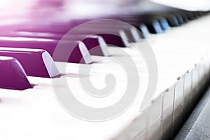 Side view of piano keys. Close-up of piano keys. Close frontal view. Piano keyboard with selective focus. Diagonal view. Piano key