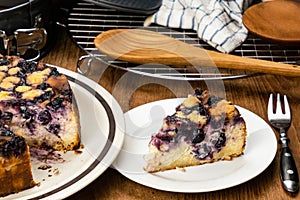 Side view a piece of delicious homemade blueberry and crumble cheesecake in white ceramic plate