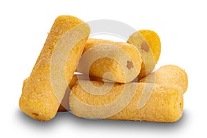 Side view pile of crispy roller corn snack isolated on white background