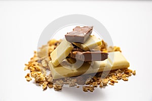 Side view on pile of granola/ muesli spilled among white. brown chocolate bars  on white background. Balanced and healthy