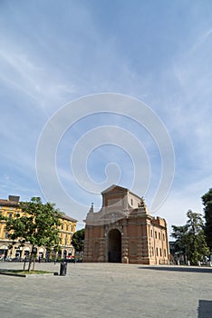 The side view of the Porta Galliera in Piazza XX Settembre in Bologna Italy