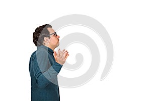 Side view portrait of confused businessman keeps hands raised, shrugging shoulders, isolated over white background. Don`t know