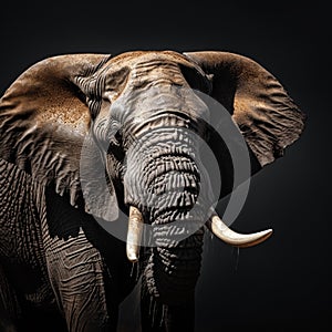 Side view portrait elephant bull sips water, showcasing magnificent tusks