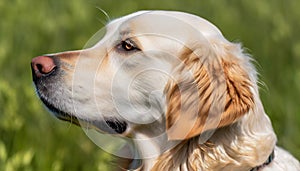 Side view portrait of Golden Retriever breed dog posing outdoor. Canine companion