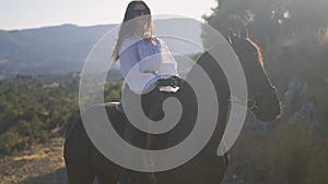 Side view portrait of happy young woman riding graceful horse in sunshine outdoors smiling. Confident female Caucasian