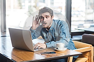 Side view portrait interesting of bearded young freelancer in blue jeans shirt are sitting in cafe and making video call on laptop