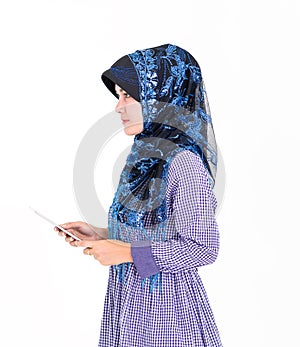 Portrait of a Muslim Islam woman on white background