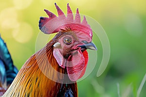 Side view portrait of a Rhode Island Red on the blurred garden background.