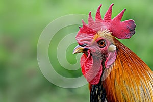 Side view portrait of a Rhode Island Red on the blurred garden background.