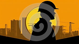 Side view portrait of Silhouette image happy construction worker wearing safety helmet and plastic helmet, flat vector