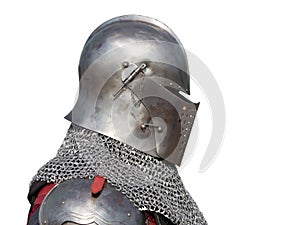 Side view of a Portuguese medieval knight with a helmet isolated on a white background