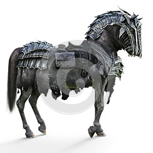 Side view of a posing armored war horse on a isolated white background.