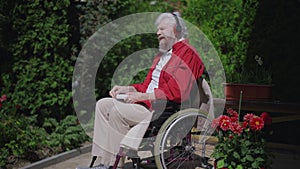 Side view of positive confident impaired senior man in wheelchair listening to music in headphones on sunny day in