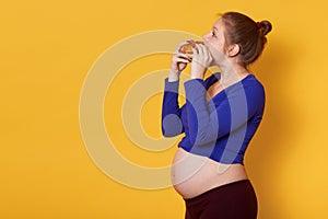 Side view of pretty pregnant lady eats fast food, wearing blue shirt and leggins, with bunch on head, poses in studio while biting