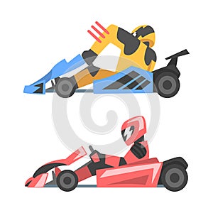 Side view of professional racing driver sitting in race car set cartoon vector illustration