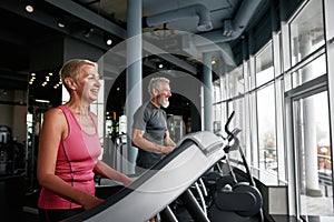 Side view profile of two joyful mature sportspeople