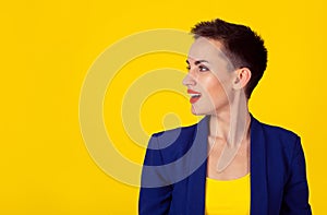 Side view profile of woman talking singing