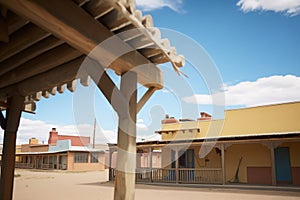 side view of pueblo with visible wooden beam structure