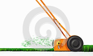 A side view of a push lawn mower at work