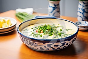 side view of queso dip in a ceramic dish with chives